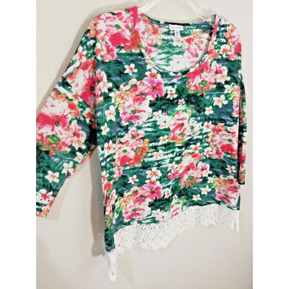 Rebecca Malone Pink Green Floral Knit Blouse Lace‎ Trim Hem 3/4 Sleeves Size M
